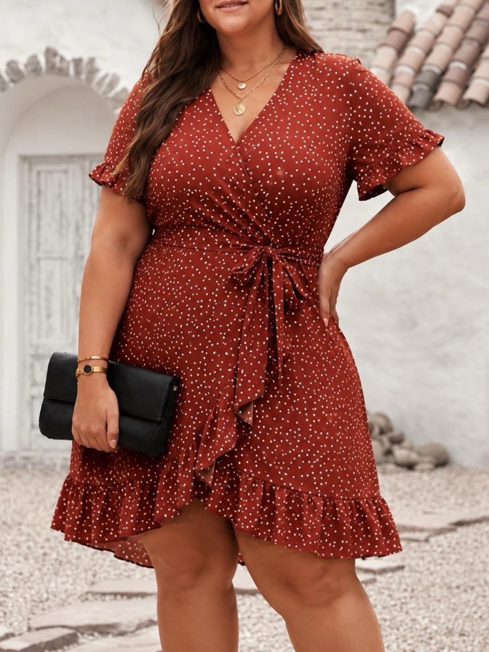 City Chic Rust Polka Dot Wrap Mini Dress